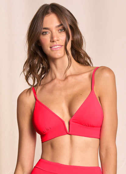 Thumbnail - Maaji Cherry Red Parade Long Line Triangle Bikini Top - 11