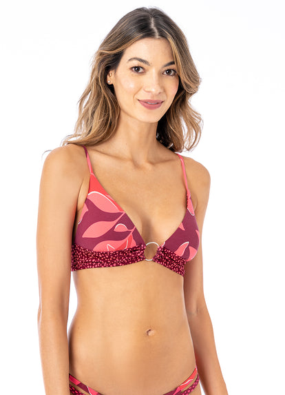  Maaji Red Foliage Shine Ring Front Bralette Bikini Top